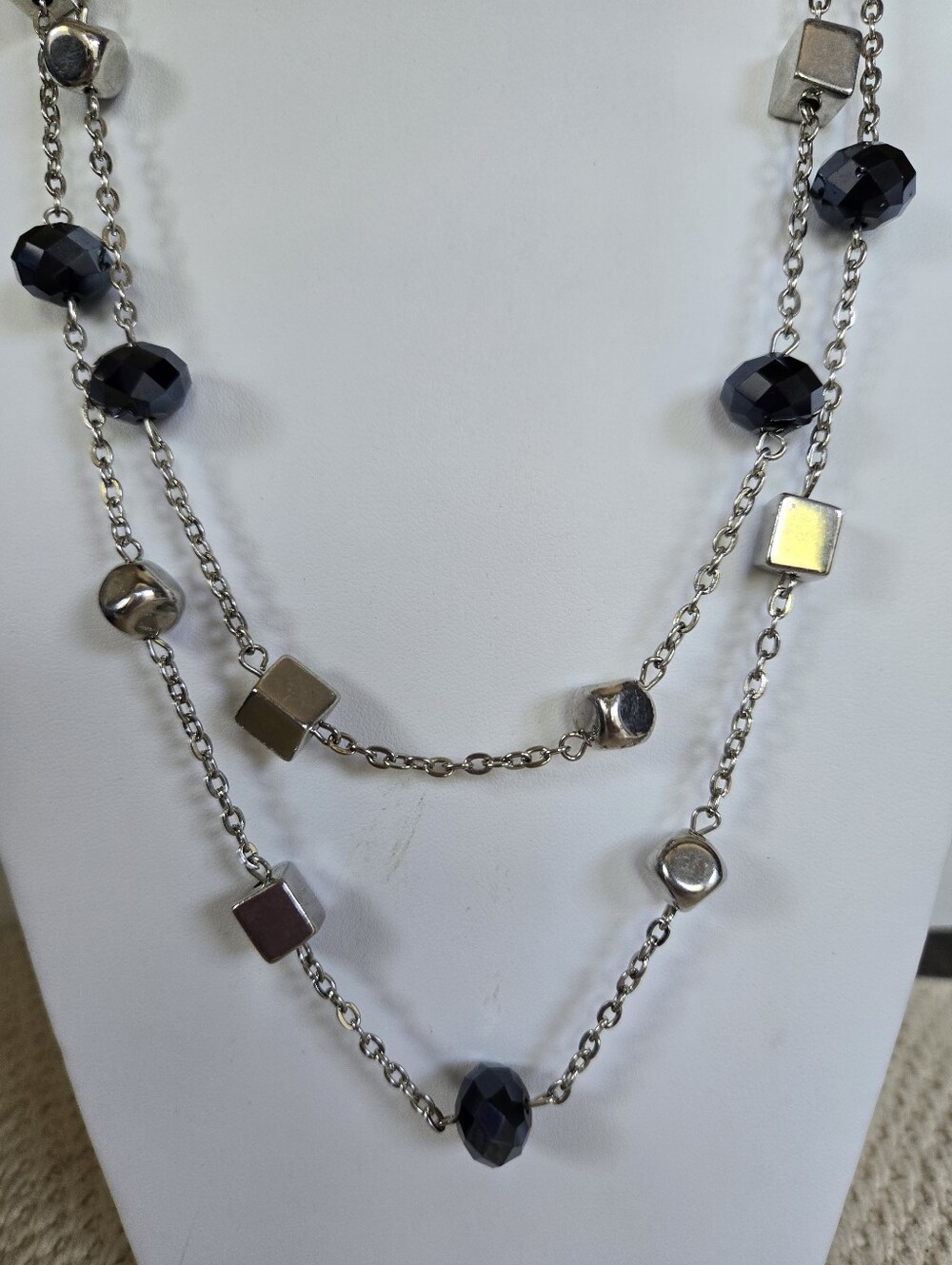 N-102-Vintage Long Silver-tone Layered Necklace with Black Faceted Beads